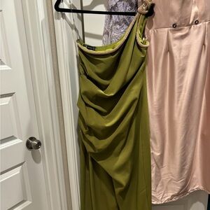BCBGMaxAzria Olive Green Asymmetrical Gown with Ruching for Cocktail